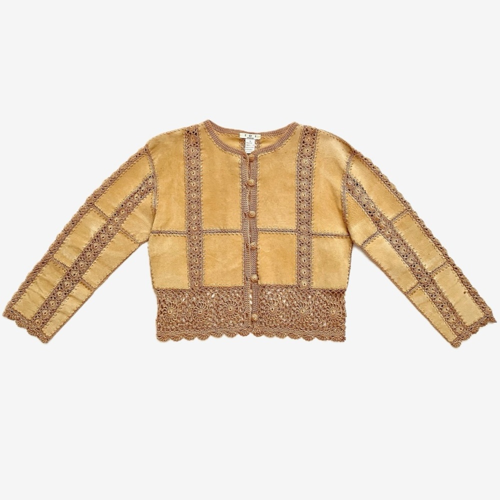 Crochet-Trim Suede Button Cardigan - Mustard yellow. Size S